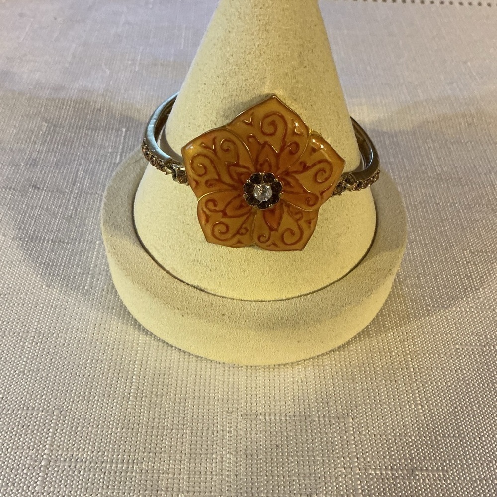 Orange Enamel Flower Gold Tone Bangle Bracelet